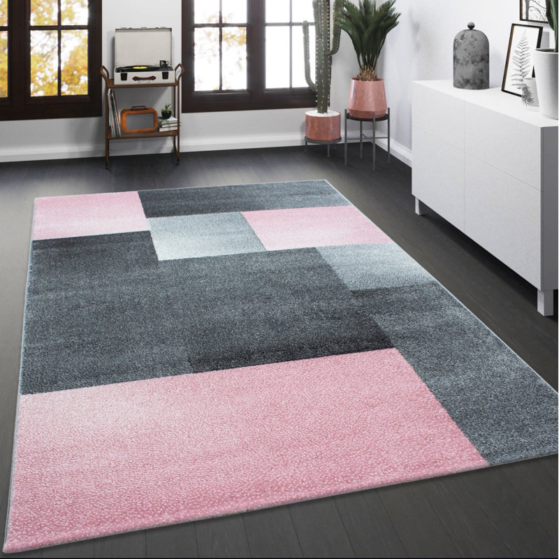 Ivy Bronx Grey Pink Rug Large Small XL Geometric Patterned Rug Living Room Carpet Area Mat